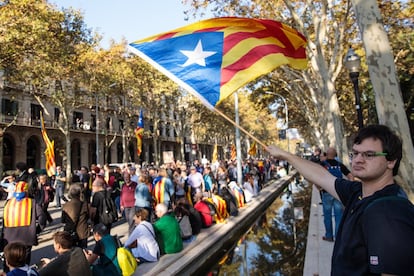 Un hombre sujeta una bandera estelada durante la concentración en el exterior del Parlament, en Barcelona.