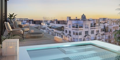 Terraza con piscina en uno de los pisos de lujo que ofrece Impar Grupo en Madrid.