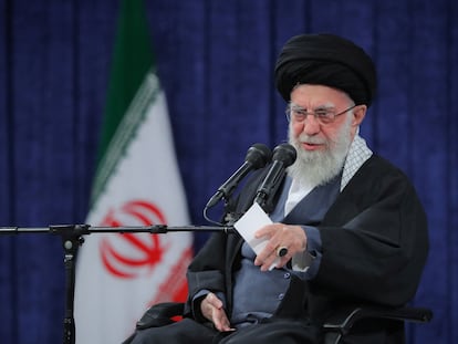 Iran's Supreme Leader Ayatollah Ali Khamenei speaks during a meeting with members of the Air Force in Tehran, Iran February 5, 2024.