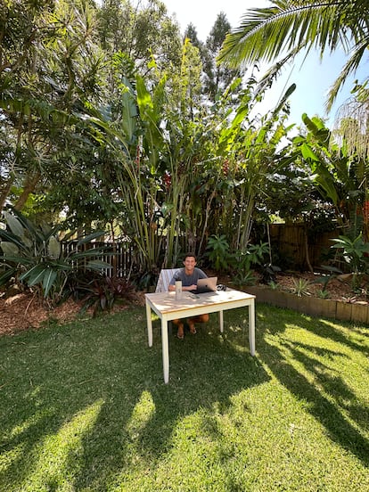 Juan Fernández-Estrada, co-founder of Spain's Blue Banana clothing brand, working remotely in another country.