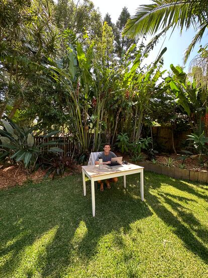 Juan Fernández-Estrada, co-founder of Spain's Blue Banana clothing brand, working remotely in another country.