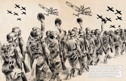 Columna de soldados alemanes marchando en un dibujo de 'La Segunda Guerra Mundial, una historia gráfica'. Ilustración de Eugènia Anglès.