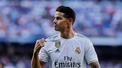 James Rodríguez, en 2019, durante un partido con el Real Madrid en el Bernabéu.