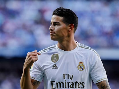 James Rodríguez, en 2019, durante un partido con el Real Madrid en el Bernabéu.