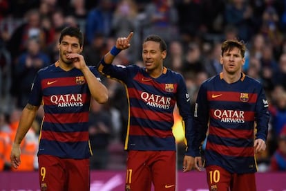 Su&aacute;rez, Neymar i Messi, al Camp Nou.