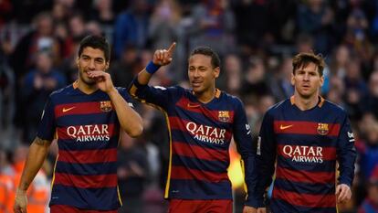 Su&aacute;rez, Neymar i Messi, al Camp Nou.