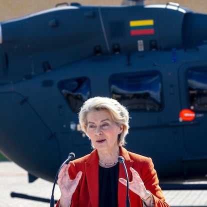 President of European Commission Ursula von der Leyen speaks during a joint press conference with Lithuania's President Gitanas Nauseda at the Border Guard School near Lithuanian-Belarusian border, near the village Medininkai, east of the capital Vilnius, Lithuania, Monday, Sept. 1, 2025. (AP Photo/Mindaugas Kulbis)