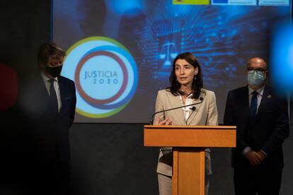 La ministra de Justicia, Pilar Llop, el viernes durante la presentación del Plan Justicia 2030 en el Palacio de la Audiencia de Soria.