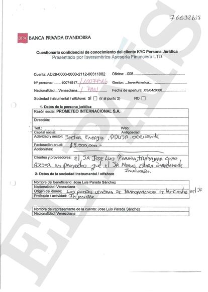 Documento confidencial 'know your customer' (conozca a su cliente) vinculado a la cuenta en la BPA del exdirectivo de PDVSA José Luis Parada.