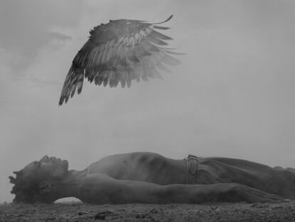 Durante muchos años, Ali y Fatuma Mohamed vivieron de su ganado recorriendo las tierras del norte de Kenia. Pero desde 2010, las prolongadas sequías acabarían poco a poco con todos sus animales. De pronto, la pareja no tuvo de qué comer y abandonó la región, a la que aún no ha podido regresar. Figuran entre el conjunto de refugiados climáticos que dan forma a The Day May Break (Hatje Cantz, El día puede llegar), primera parte de un proyecto del fotógrafo y conservacionista británico Nick Brandt. “La triste ironía es que estas personas están entre las que tienen menor impacto ambiental en el planeta, pero son las más vulnerables”, lamenta el autor.<p>En la imagen, el águila 'Okra' sobrevuela el cuerpo de Richard, en Zimbabue, donde la sequía causa estragos.</p>