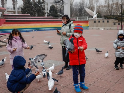 Palomas en una plaza de Pekín (China), el 11 de febrero.