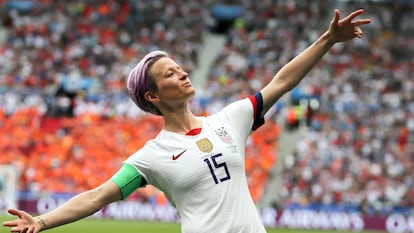 In this July 7, 2019 file photo, United States' Megan Rapinoe celebrates after scoring the opening goal from the penalty spot during the Women's World Cup final soccer match against The Netherlands at the Stade de Lyon in Decines, outside Lyon, France.