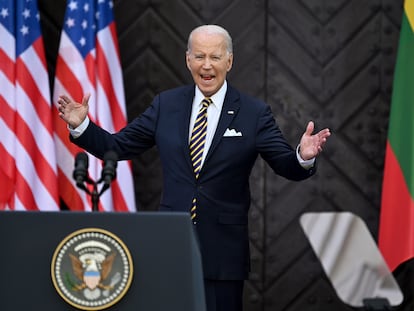 US President Joe Biden delivers a speech at the Vilnius University during the NATO summit in Vilnius, Lithuania, 12 July 2023.