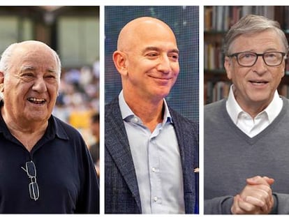 El presidente de Inditex, Pablo Isla, con su fundador, Amancio Ortega; el creador de Amazon, Jeff Bezos, el de Microsoft, Bill Gates, y el de Apple, Steve Jobs.