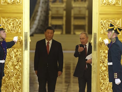 Encuentro entre el presidente chino, Xi Jinping, y el presidente ruso, Vladímir Putin, el 21 de marzo en Moscú.