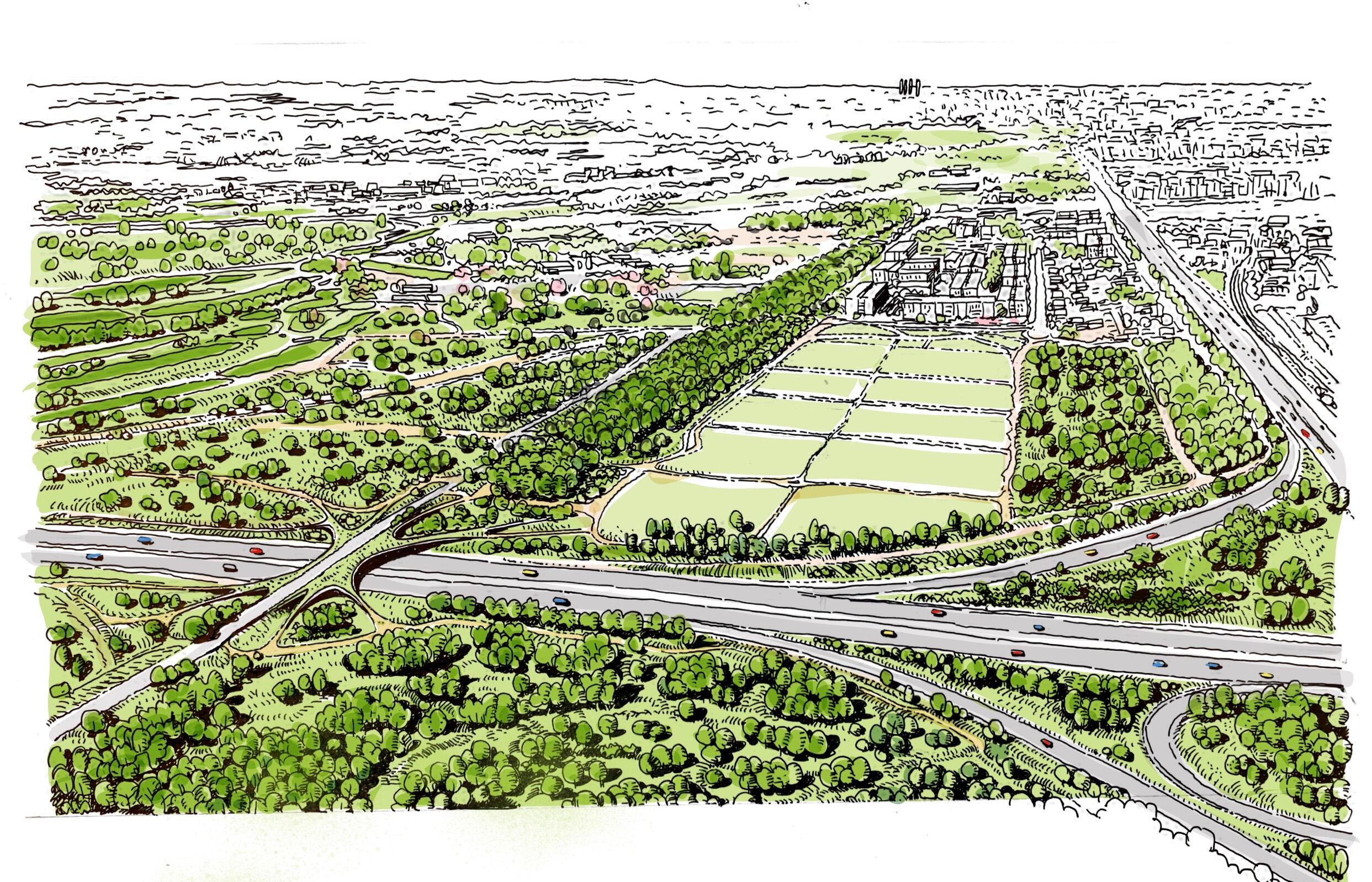 Boceto del proyecto de Carlos Rubio Carvajal, que tiene la finalidad de ampliar el anillo ciclista existente al área metropolitana, conectando el río Manzanares con el Guadarrama. RUBIO ARQUITECTOS