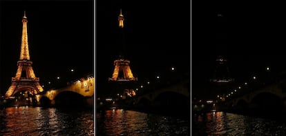 Momento, en tres fotografías, en que la Torre Eiffel se apaga.