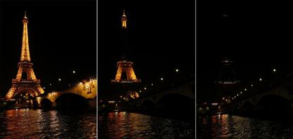 Momento, en tres fotografías, en que la Torre Eiffel se apaga.