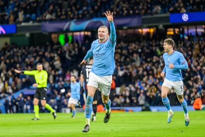 Erling Haaland celebra su quinto gol ante el Leipzig el pasado martes en Manchester.