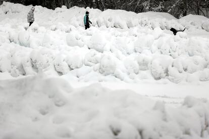 Dos personas, junto a su perro, pasean entre la nieve en Roncesvalles (Navarra). La cota de nieve se situará entre 500 y 1.000 metros en la cordillera Cantábrica, los Pirineos, sistema Ibérico norte; y entre 600/1.000 metros en el sistema Central, al tiempo que destacan los fuertes intervalos de viento en litorales del norte, Baleares y Alborán, así como rachas muy fuertes en zonas de montaña.