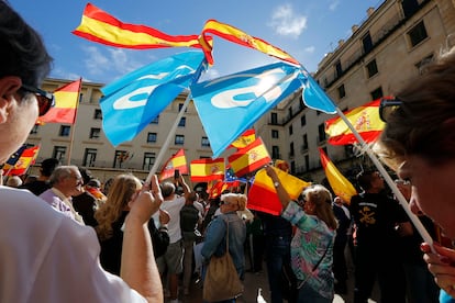 Banderas de España y del PP en la concentración en la plaza del Ayuntamiento de Alicante.