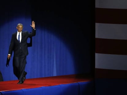 Barack Obama chega para pronunciar o seu último discurso como presidente, em Chicago.