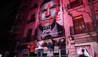 Intervención del presidente del Gobierno, Pedro Sánchez, en la sede central del PSOE en Madrid, el pasado domingo. 
