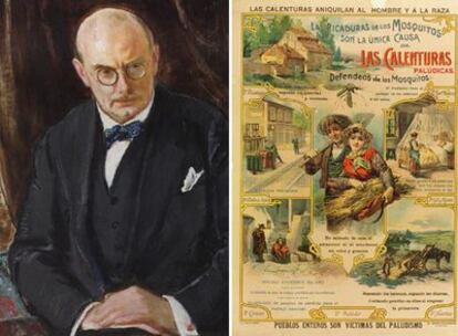 Retrato del doctor Pittaluga. A la derecha, un cartel informativo sobre el paludismo.
