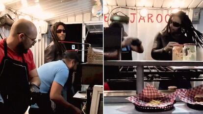 El músico Lenny Kravitz en el puesto de tacos y hamburguesas 'El Jarocho', en Ciudad de México, el 2 de abril de 2024.