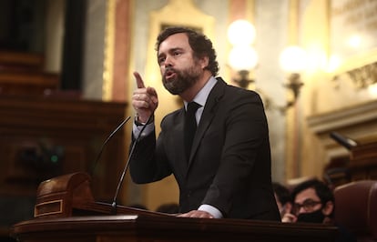 El portavoz parlamentario de Vox, Iván Espinosa de los Monteros, durante su intevención en el pleno del Congreso el pasado día 17.