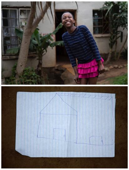 La foto enseña como Khanyo Mchunu de 13 años y que vive en Embo quiere para esta navidades una casa.