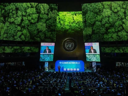 O secretário-geral da ONU, António Guterres, discursa na abertura da cúpula do clima na ONU, em Nova York.