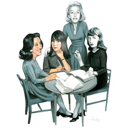 Ilustración de Fernando Vicente en la que aparecen retratadas las escritoras Elena Garro, de pie, y sentadas, de izquierda a derecha, Marta Lynch, Marvel Moreno y Maria Luisa Bombal. 