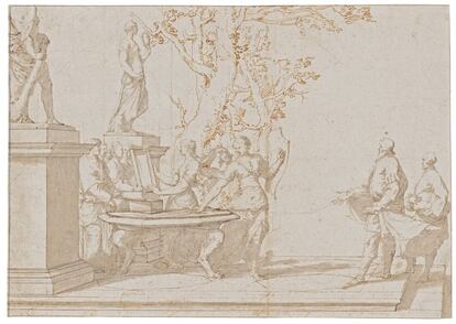 'Aquiles entre las hijas de Licomedes' (finales de 1630). Pluma y aguada marrón, con toques de aguada rojiza.