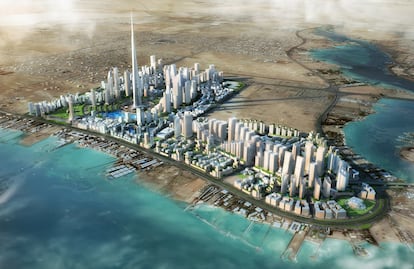 Recreación de la futura ciudad financiera de Yeda, con la torre Jeddah muy por encima del resto de edificios.