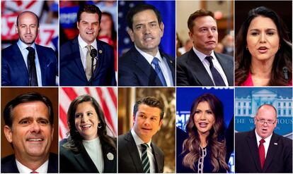 Mosaico con 10 miembros del nuevo equipo de Trump. Arriba, desde la izquierda: Stephen Miller, Matt Gaetz, Elon Musk y Tulsi Gabbard. Abajo, también de izquierda a derecha: John Ratcliffe, Elise Stefanik, Pete Hegseth, Kristi Noem y Thomas Homan. 
