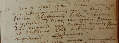 Registro matrimonial de Sebastian Ball y  Bernhardina Mengal, el 7 de enero de 1712, en los registros eclesiásticos de Châtelet (Bélgica). / DIE LATERNE