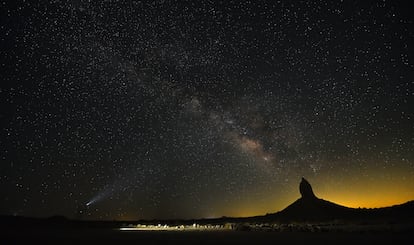 A person lights the sky with a flashlight in Trona, California.