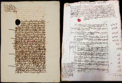 Papeles del mayordomazgo del Concejo de Sevilla. Carta de merced otorgada por el Cabildo a favor del Concejo de Alcalá de Guadaíra en 1486 para que los ganados de sus vecinos puedan pacer en las islas y marismas de la ciudad, tal y como ya se les había otorgado el 23 de junio de 1368. A la derecha, nómina del Cabildo de 1455.