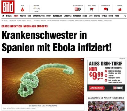 El diario alemán Bild también hace eco del caso de la sanitaria española. La información es publicada como secundaria en su portada digital, con el titular: Krankenschwester in Spanien mit Ebola infiziert! (Una enfermera infectada de ébola en España).