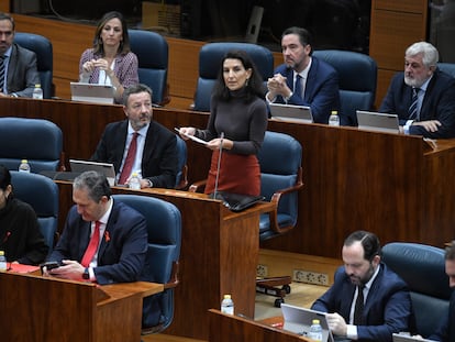 La portavoz de Vox en la Asamblea de Madrid, Rocío Monasterio, interviene este jueves en el pleno de la Asamblea de Madrid.
