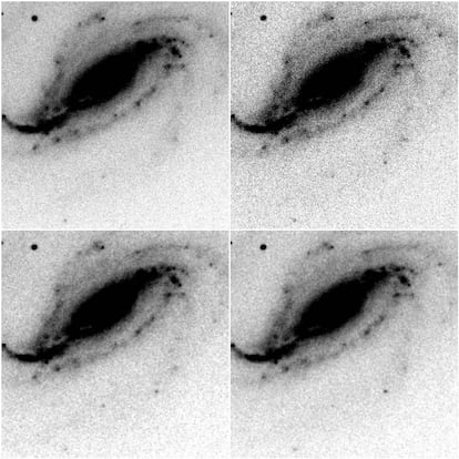 Sequência de imagens da descoberta. A supernova é um ponto que aparece ao sul da galáxia.