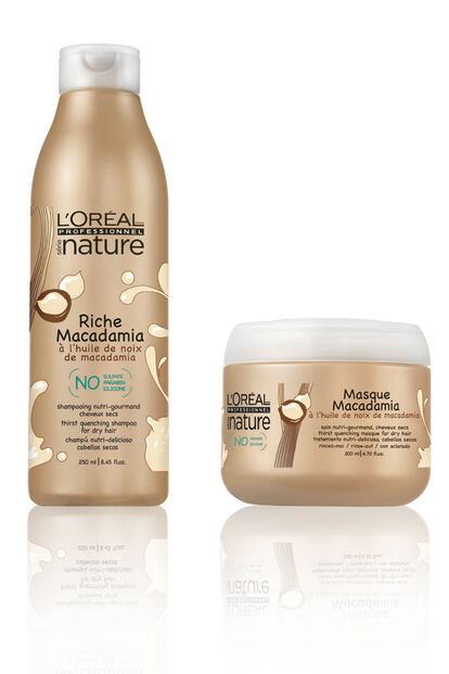 ¿Tratamientos profesionales y naturales? L'Oréal Proffesionnel tiene una línea, la Série Nature, formulada con ingredientes más naturales y cuyos envases son 100% reciclables y menos contaminantes. En la imagen tenemos la colección Riche Macadamia, con aceite de nuez de macadamia, para hidratar los cabellos secos. No contiene parabenos ni siliconas ni sulfatos. El champú cuesta 12,50 euros y la mascarilla 22,95.