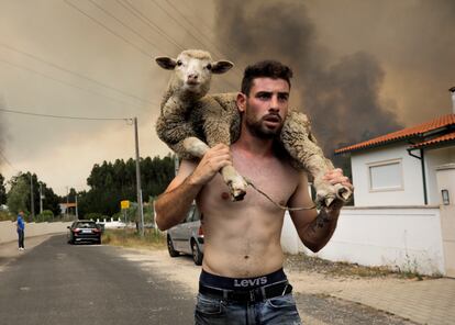 Un hombre lleva una oveja en sus espaldas tras rescatarla del fuego en el incendio de Boa Vista (Portugal), este martes.