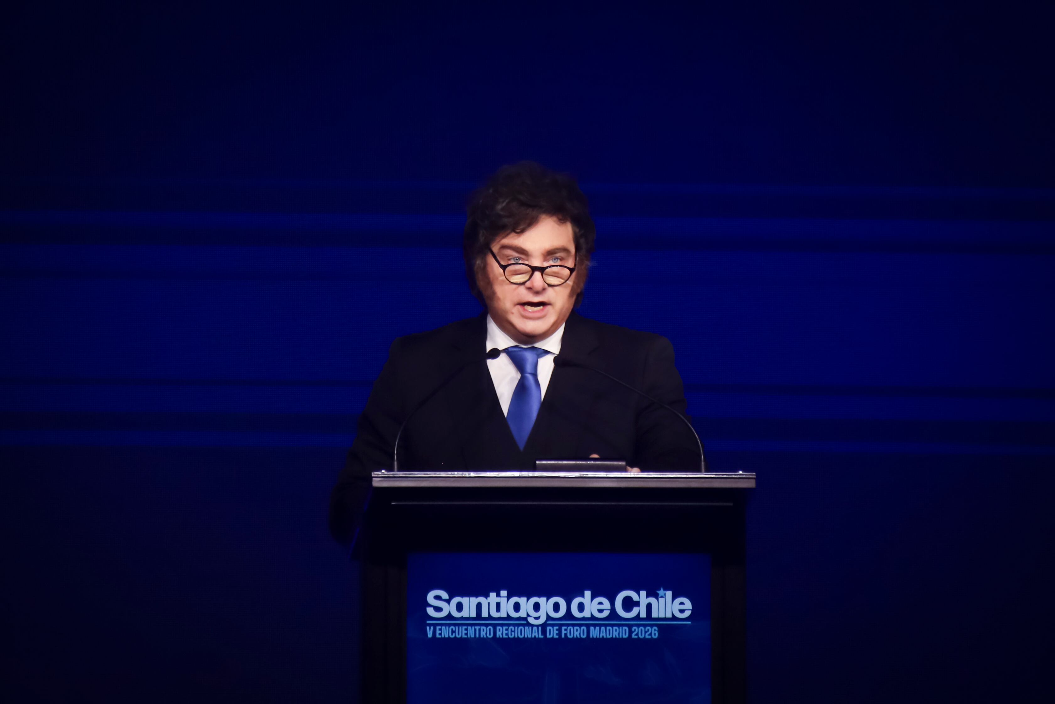 Javier Milei durante el Foro Madrid en Santiago, este jueves.
