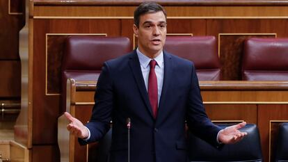 El presidente del Gobierno, Pedro Sánchez interviene en la sesión de control al ejecutivo en el Congreso en Madrid este miércoles.