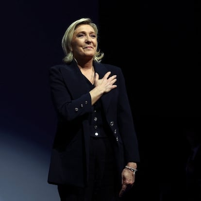Marine Le Pen, French far-right leader and far-right Rassemblement National (National Rally - RN) party candidate, reacts on stage after partial results in the first round of the early French parliamentary elections in Henin-Beaumont, France, June 30, 2024. REUTERS/Yves Herman