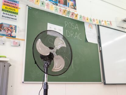 Ventiladores en las aulas de la escuela Auró de Barcelona.