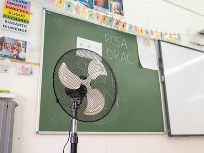 Ventiladores en una aula de una escuela de Barcelona.