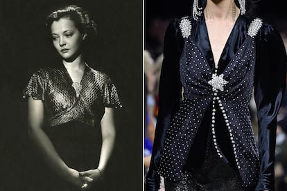 A la izda., Sylvia Sydney (1935); y a la derecha, detalle de los broches que decoran los looks de Paco Rabanne.